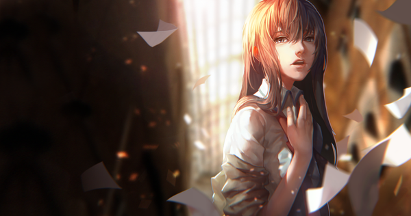 Anime picture 1748x923 with steins;gate white fox makise kurisu lightofheaven single long hair looking at viewer blush highres open mouth brown hair wide image lips sunlight realistic teeth depth of field hand on chest girl shirt