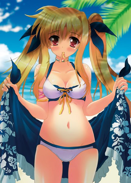 Anime picture 1000x1390 with mahou shoujo lyrical nanoha fate testarossa staryume single long hair tall image blush light erotic blonde hair red eyes twintails mouth hold girl navel swimsuit bikini white bikini