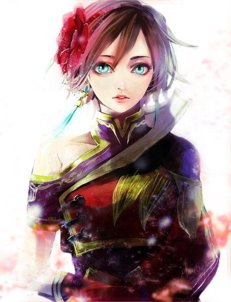 Anime picture 1147x1498 with shin sangoku musou sun shang xiang ihiro single tall image looking at viewer short hair simple background brown hair white background hair flower aqua eyes lips girl hair ornament flower (flowers) earrings