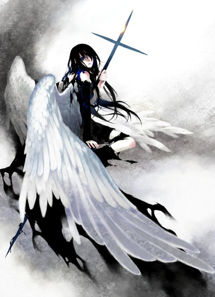 Anime picture 1300x1798 with original minami seira single long hair tall image looking at viewer fringe blue eyes black hair simple background white background sitting bare shoulders from behind hair over one eye grey background torn clothes angel wings girl detached sleeves