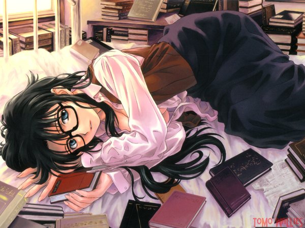Anime picture 1600x1200 with read or die j.c. staff yomiko readman uon taraku single long hair looking at viewer fringe breasts blue eyes light erotic black hair large breasts bent knee (knees) lying parted lips fingernails no bra open shirt text