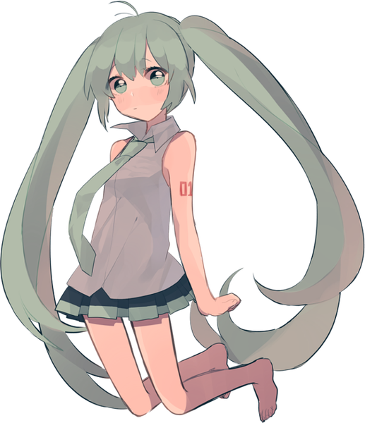 Anime picture 707x819 with vocaloid hatsune miku uttao single tall image looking at viewer blush twintails bare shoulders green eyes full body ahoge very long hair barefoot green hair transparent background girl necktie