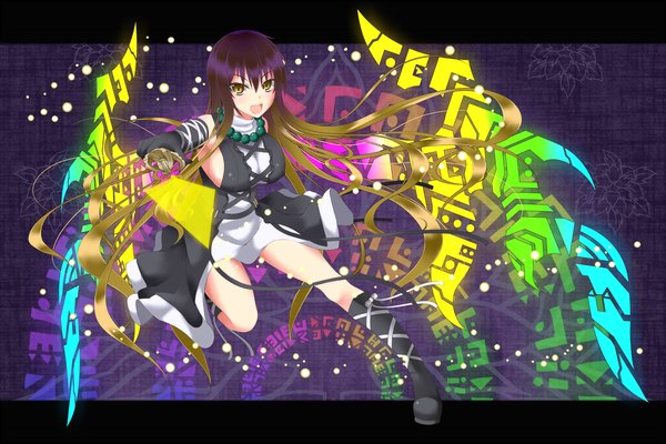 Anime picture 2250x1500 with touhou hijiri byakuren gmot single long hair looking at viewer highres breasts open mouth light erotic brown hair large breasts brown eyes multicolored hair two-tone hair girl dress gloves socks elbow gloves
