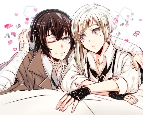 Anime picture 1140x914 with bungou stray dogs studio bones dazai osamu (bungou stray dogs) nakajima atsushi kitsune (pixiv5601263) fringe short hair smile hair between eyes brown hair brown eyes silver hair lying one eye closed multiple boys crossed arms on stomach shounen ai hand on another's shoulder music