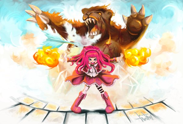 Anime picture 3781x2569 with league of legends annie (league of legends) tibbers (league of legends) tagme (artist) long hair looking at viewer highres open mouth blue eyes animal ears pink hair absurdres teeth fang (fangs) magic girl thighhighs dress skirt animal