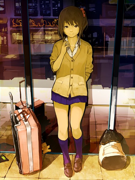 Anime picture 1200x1600 with original loundraw single long hair tall image looking at viewer fringe brown hair standing brown eyes ponytail pleated skirt shadow reflection open collar girl skirt miniskirt shirt socks