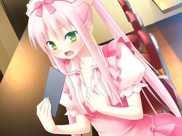 Anime picture 1024x768 with cafe sourire cuffs (studio) mizushima serika long hair blush open mouth twintails green eyes pink hair game cg girl