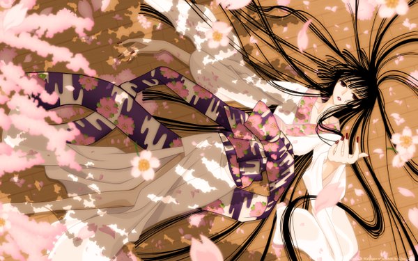 Anime picture 2560x1600 with xxxholic clamp ichihara yuuko long hair highres black hair wide image brown eyes lying very long hair japanese clothes girl belt yukata