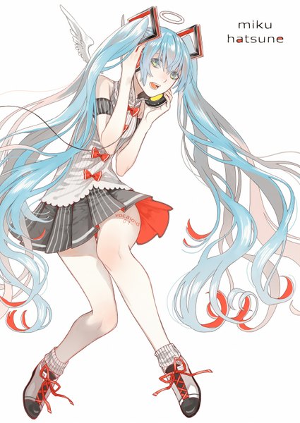 Anime picture 1074x1517 with vocaloid hatsune miku uryoko single tall image looking at viewer open mouth simple background white background twintails bare shoulders very long hair aqua eyes aqua hair character names angel wings hand on headphones girl skirt wings