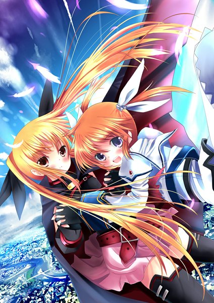 Anime picture 800x1132 with mahou shoujo lyrical nanoha fate testarossa takamachi nanoha xephonia long hair tall image blush open mouth red eyes twintails purple eyes multiple girls sky cloud (clouds) orange hair holding hands girl thighhighs gloves bow