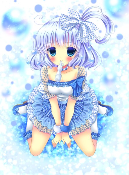 Anime picture 2347x3165 with original papico (ice cream) papico kouta. tall image looking at viewer blush highres short hair blue eyes white hair one side up girl dress bow hair bow socks frills bracelet white socks