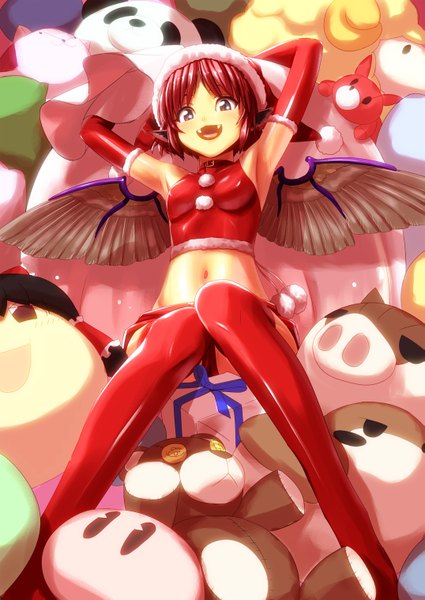 Anime picture 1075x1518 with touhou mystia lorelei asahina (artist) tall image short hair open mouth red hair black eyes midriff fur trim girl thighhighs gloves navel wings elbow gloves fur toy stuffed animal santa claus hat