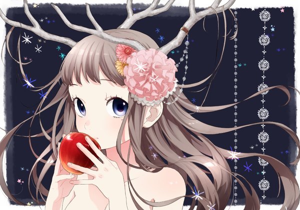 Anime picture 1712x1200 with original musco single long hair looking at viewer blush fringe highres blue eyes simple background brown hair bare shoulders holding hair flower horn (horns) mole mole under eye dark background girl hair ornament