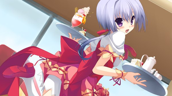 Anime picture 1920x1080 with berry's long hair blush highres open mouth wide image purple eyes game cg ponytail grey hair girl thighhighs dress white thighhighs food sweets ice cream
