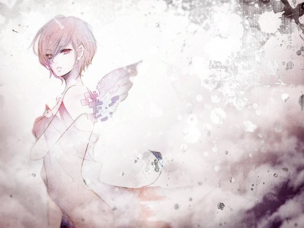 Anime picture 1280x960 with vocaloid meiko penchop single short hair red eyes brown hair bare shoulders girl wings