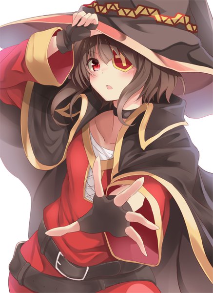 Anime picture 2480x3400 with kono subarashii sekai ni shukufuku wo! studio deen megumin fuu (fuore) single tall image looking at viewer blush fringe highres short hair open mouth simple background hair between eyes red eyes brown hair outstretched arm adjusting hair girl dress
