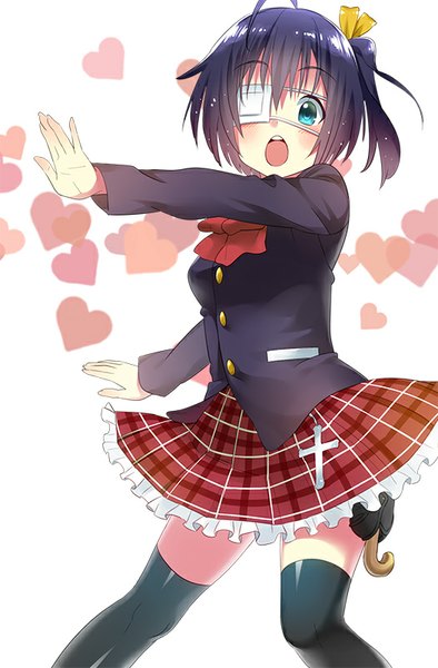 Anime picture 526x800 with chuunibyou demo koi ga shitai! kyoto animation takanashi rikka sonsoso single tall image blush short hair breasts open mouth blue eyes simple background looking away purple hair ahoge bent knee (knees) zettai ryouiki one side up outstretched arm girl