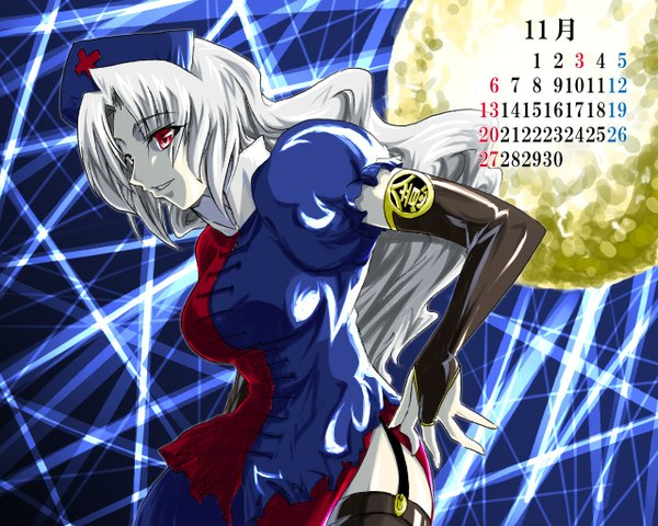 Anime picture 1280x1024 with touhou yagokoro eirin single long hair breasts red eyes large breasts looking away silver hair girl headdress moon full moon bridal gauntlets calendar