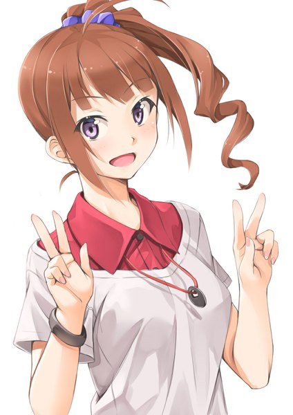 Anime picture 827x1169 with idolmaster idolmaster million live! yokoyama nao miri (ago550421) single long hair tall image looking at viewer blush open mouth brown hair white background ponytail side ponytail victory girl bracelet