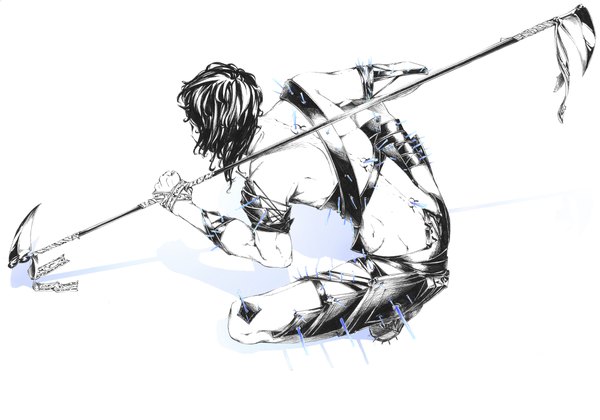 Anime picture 1000x700 with original pixiv fantasia pixiv fantasia iv sousou (sousouworks) single short hair black hair simple background white background bare shoulders from behind shadow monochrome squat spear