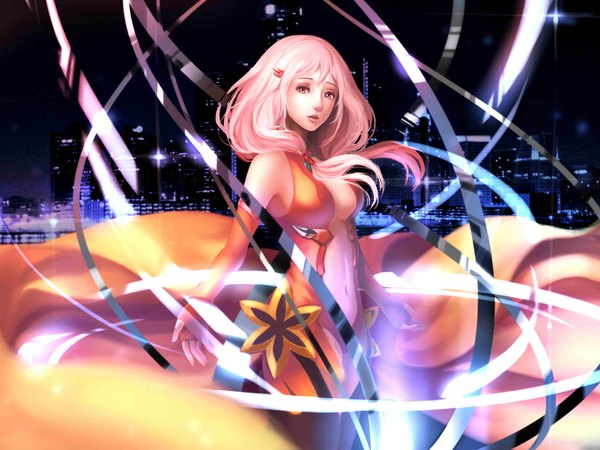 Anime picture 4000x3000 with guilty crown production i.g yuzuriha inori ruby (artist) single long hair looking at viewer highres breasts open mouth light erotic standing twintails bare shoulders pink hair absurdres pink eyes lips realistic bare belly