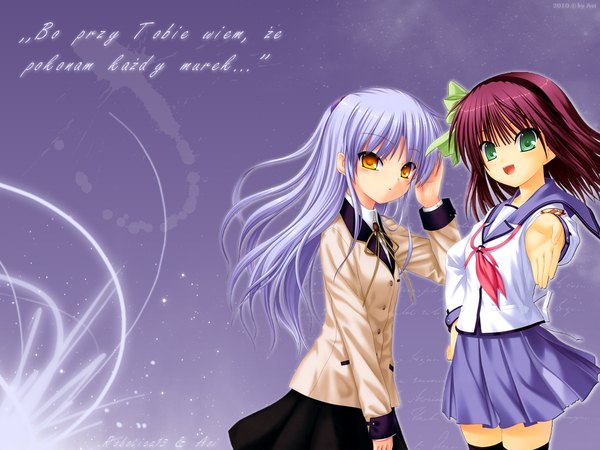 Anime picture 1024x768 with angel beats! key (studio) tachibana kanade nakamura yuri long hair looking at viewer short hair open mouth multiple girls green eyes yellow eyes purple hair red hair pleated skirt wallpaper hand on hip text outstretched arm english purple background