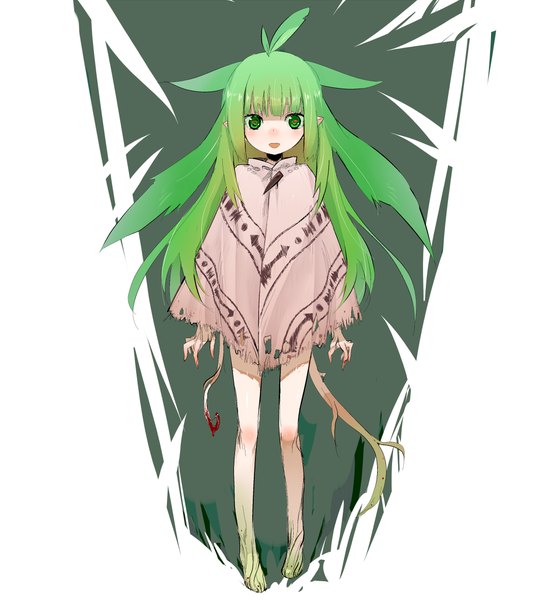 Anime picture 1000x1084 with original ume (datsuryokugen) single long hair tall image looking at viewer open mouth simple background standing white background green eyes barefoot green hair pointy ears girl plant (plants) cape roots