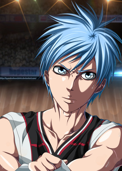 Anime picture 1089x1527 with kuroko no basket production i.g kuroko tetsuya the-danstyle-art single tall image short hair blue eyes blue hair sweat coloring muscle boy uniform gym uniform searchlight basketball uniform