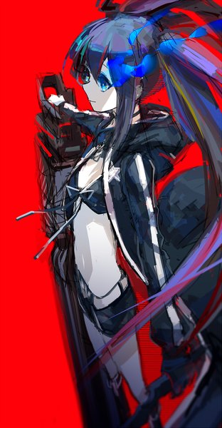 Anime picture 834x1600 with black rock shooter black rock shooter (character) prophet chu single long hair tall image breasts blue eyes light erotic black hair simple background smile twintails holding multicolored hair open clothes open jacket huge breasts glowing glowing eye (eyes)