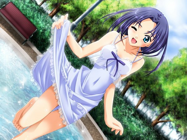 Anime picture 1024x768 with o yakusoku love (game) blue eyes game cg purple hair girl