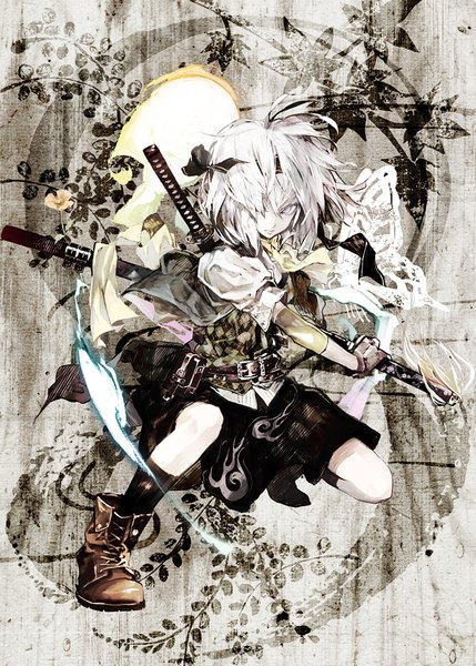 Anime picture 643x900 with touhou koumajou densetsu konpaku youmu myon banpai akira single tall image looking at viewer fringe short hair hair between eyes holding bent knee (knees) white hair hair over one eye short sleeves grey eyes alternate costume puffy sleeves fighting stance