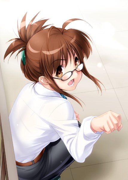 Anime picture 900x1262 with idolmaster akizuki ritsuko zen (kamuro) single long hair tall image looking at viewer blush open mouth brown hair brown eyes ahoge ponytail squat girl shirt glasses pants