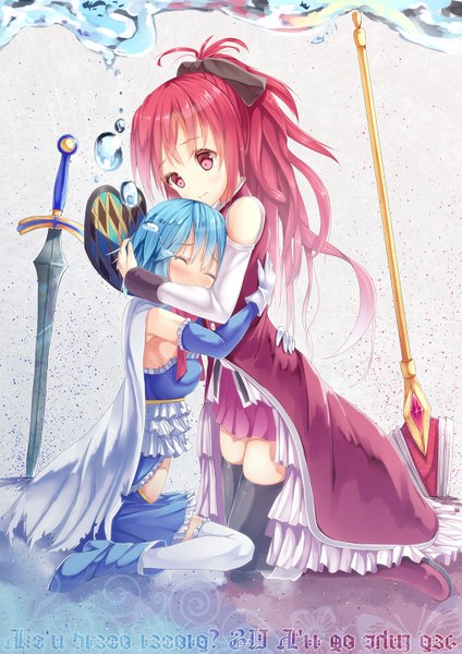 Anime picture 1020x1443 with mahou shoujo madoka magica shaft (studio) sakura kyouko miki sayaka toritori (yakitoriya) long hair tall image short hair blue eyes red eyes multiple girls blue hair red hair hug tears underwater girl thighhighs dress bow