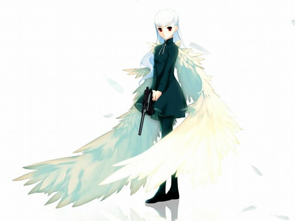 Anime picture 1024x768 with angelos armas henri white background wings gun tenshi no nichou kenjuu