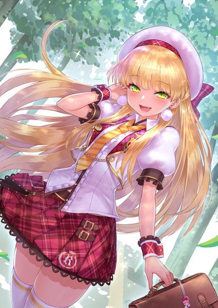 Anime picture 707x1000 with idolmaster idolmaster cinderella girls jougasaki rika yapo (croquis side) single long hair tall image blush fringe open mouth blonde hair standing holding green eyes looking away outdoors :d pleated skirt wind fang (fangs)