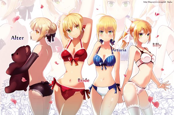 Anime picture 2000x1326 with fate (series) fate/extra fate/extra ccc fate/unlimited codes type-moon artoria pendragon (all) nero claudius (fate) (all) saber alter nero claudius (fate) saber lily nero claudius (bride) (fate) jeran (ggokd) blush highres light erotic smile standing bare shoulders multiple girls holding