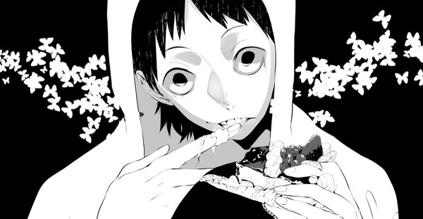 Anime picture 1200x625 with yowamushi pedal midousuji akira fasna single short hair wide image head tilt monochrome eating boy gloves sweets fingerless gloves hood insect butterfly cake