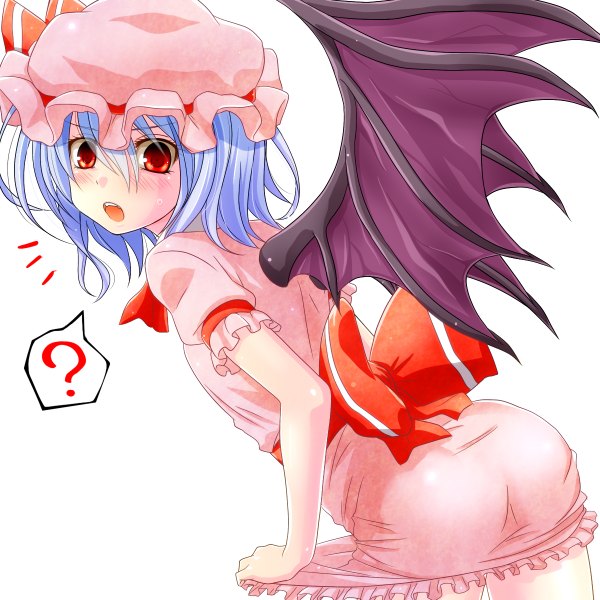 Anime picture 1200x1200 with touhou remilia scarlet watarui single looking at viewer blush short hair open mouth red eyes blue hair ass :o surprised ? girl dress ribbon (ribbons) hat wings speech bubble