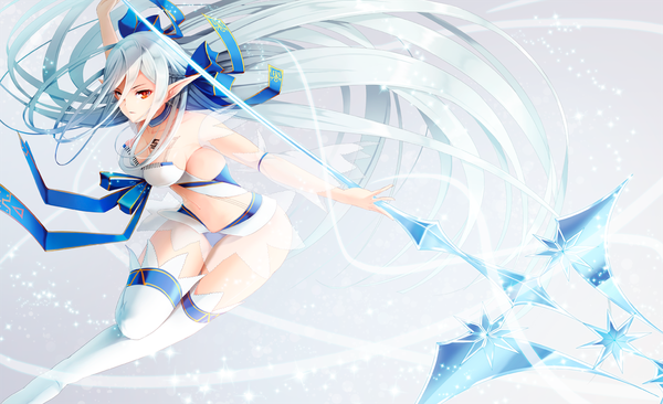 Anime picture 1150x703 with sound voltex ortlinde nblg valkyria hopper single looking at viewer breasts light erotic red eyes wide image white hair very long hair pointy ears girl thighhighs ribbon (ribbons) weapon hair ribbon detached sleeves white thighhighs