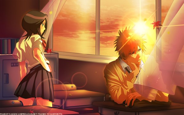 Anime picture 1920x1200 with bleach studio pierrot kurosaki ichigo kuchiki rukia highres short hair blue eyes black hair wide image orange hair orange eyes evening sunset girl boy skirt uniform school uniform shirt window