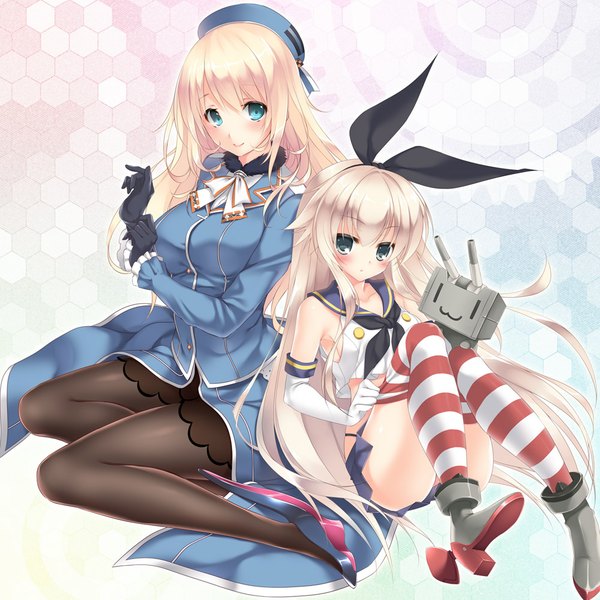 Anime picture 1000x1000 with kantai collection shimakaze destroyer rensouhou-chan atago heavy cruiser ayase hazuki long hair looking at viewer blush light erotic blonde hair sitting multiple girls aqua eyes grey eyes zettai ryouiki :3 girl thighhighs skirt gloves