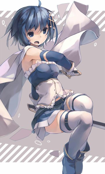 Anime picture 607x1000 with mahou shoujo madoka magica shaft (studio) miki sayaka huanxiang huifeng single tall image fringe breasts open mouth blue eyes holding looking away fighting stance weightlessness girl thighhighs gloves hair ornament weapon detached sleeves