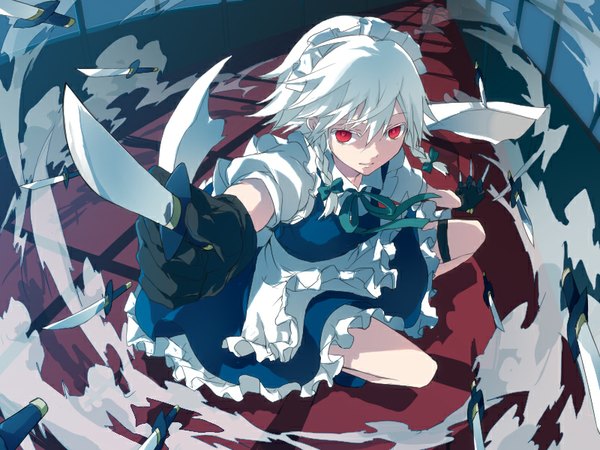 Anime picture 800x600 with touhou izayoi sakuya shionty single long hair looking at viewer red eyes holding white hair indoors braid (braids) light smile lips shadow short sleeves maid twin braids squat dual wielding girl