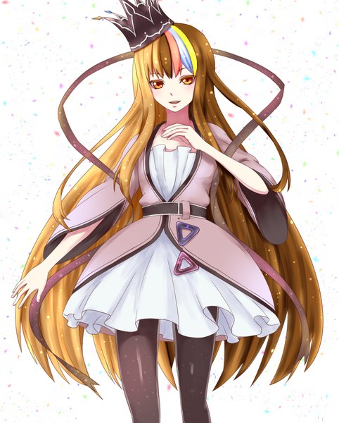 Anime picture 716x891 with vocaloid galaco my (artist) single long hair tall image open mouth simple background blonde hair brown hair multicolored hair lips wide sleeves orange eyes streaked hair girl dress pantyhose belt crown