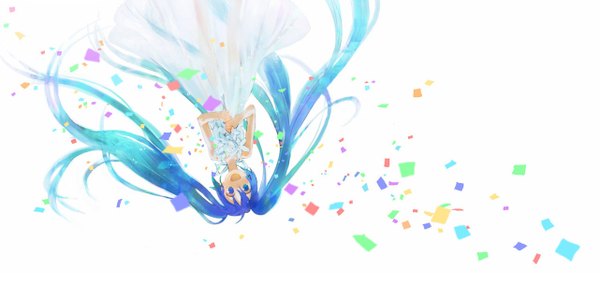 Anime picture 1281x606 with vocaloid hatsune miku kazune (baumkuchen) long hair looking at viewer open mouth blue eyes simple background smile wide image white background twintails blue hair very long hair aqua hair upside down girl dress flower (flowers) white dress