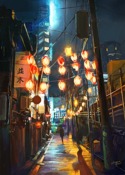 Anime picture 910x1280 with original wayne chan single tall image signed outdoors night night sky city reflection cityscape walking scenic glow city lights ambiguous gender alley lantern wire (wires) power lines