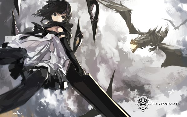 Anime picture 2393x1511 with original pixiv fantasia pixiv fantasia fallen kings paradise (character) swd3e2 single looking at viewer highres short hair black hair signed cloud (clouds) black eyes logo midair girl dress gloves weapon sword