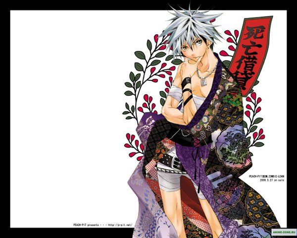 Anime picture 1280x1024 with zombie loan akatsuki chika single fringe short hair hair between eyes standing white background bare shoulders yellow eyes looking away silver hair japanese clothes inscription bare legs floral print hieroglyph lacing hand on face thinking