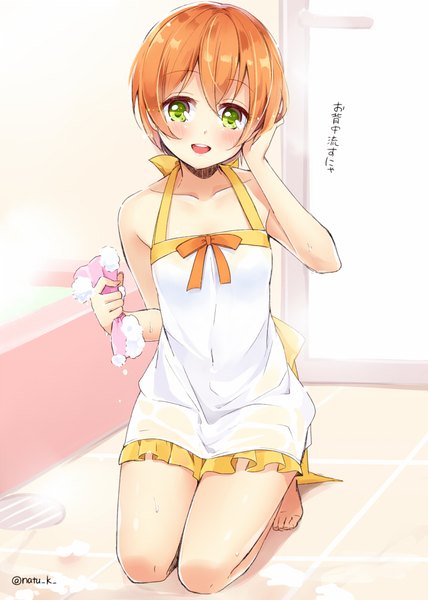 Anime picture 714x1000 with love live! school idol project sunrise (studio) love live! hoshizora rin hazuki natsu single tall image blush fringe short hair open mouth light erotic hair between eyes green eyes signed :d orange hair text seiza naked apron