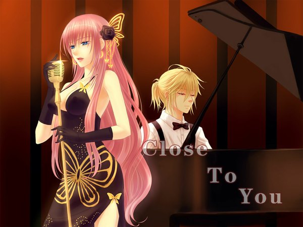 Anime picture 1000x750 with vocaloid megurine luka kagamine len matsukaze (chen7yue) long hair short hair blue eyes blonde hair pink hair eyes closed animal print butterfly print girl dress boy gloves microphone stand piano